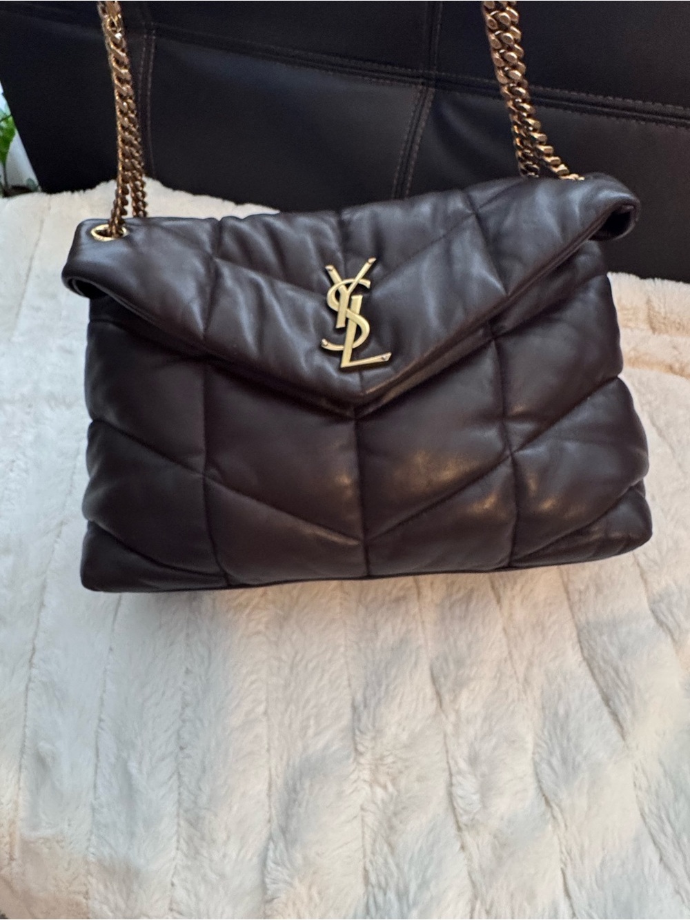 Yves Saint Laurent Dark Brown Quilted Shoulder Bag with Gold Hardware